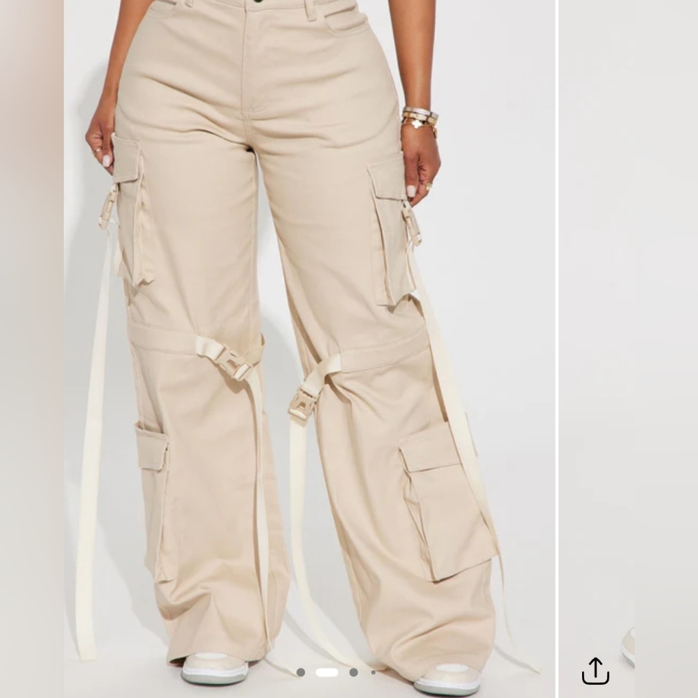 Fashion Nova Beige Wide Leg Cargo Pants with Strap Details